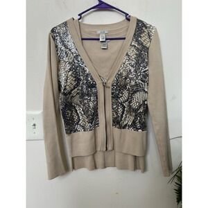 VTG Y2K Cache Sequin Snakeskin Cardigan Set Beige Ribbed Animal Print Knit M